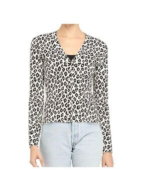 THEORY Leopard-Print Button-Front Cardigan Small Black And Ivory